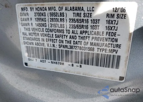 2007 Honda Odyssey Ex-L z USA, uszkodzony, nr VIN 5FNRL38727B031568